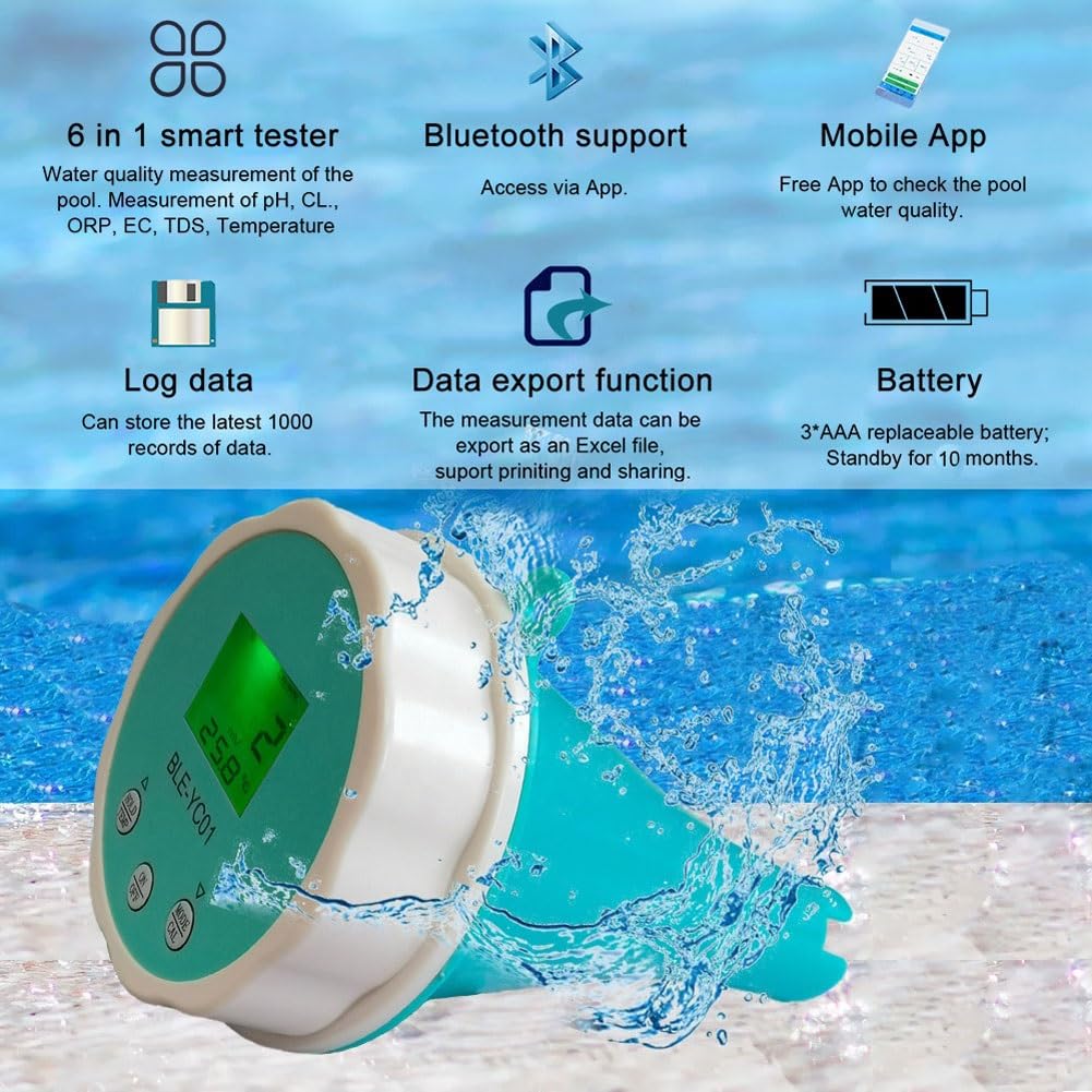 6-In-1 Smart Pool Water Quality Tester Pool Thermometer Bluetooth Pool Monitor Digital Temp Chlorine For Swimming Pool Aquarium