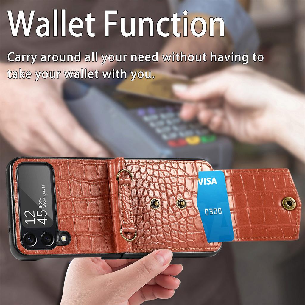 Чехол из натуральной кожи с ремешком для карточек для Samsung Galaxy Z Flip 4 5G Flip4, кошелек-подставка с крокодиловым узором, задняя крышка