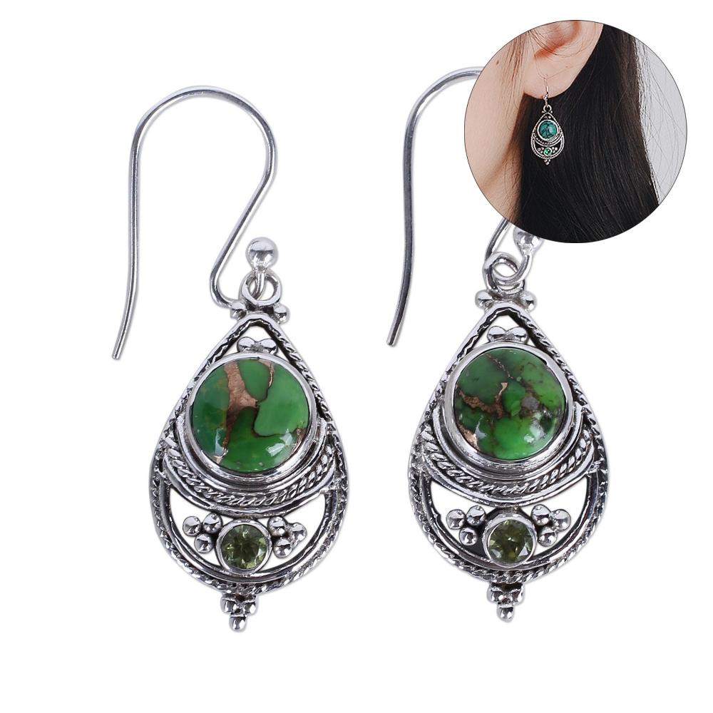 Vintage Dangle Boho Natural Gemstone Turquoise Earrings 925 Silver Hook