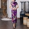 Women Dress Chinese National Style Floral Print Stand Collar Short Sleeves High Side Split Chinese Knot Buttons Cheongsam Satin Silky Slim Fit Summer