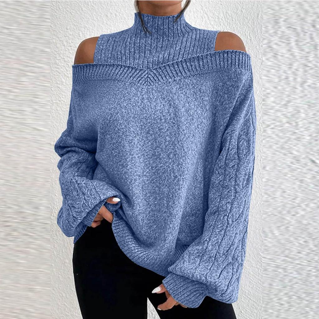Women's Fashion Off-shoulder Sweater Pullover Loose Half-high Collar Long Sleeve Knit Cardigan