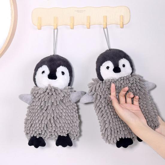 Penguin Doll Hand Towel Cartoon Penguin Hand Drying Towel Kids Absorbent Chenille Ball Towel with Hanging Loop for Kitchen Bathroom