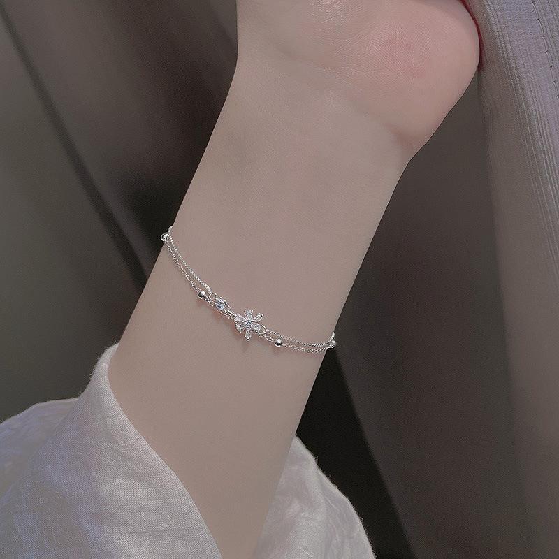 Sterling Silver S925 Silver Bracelet Women's New Flower Bracelet Korean Trend Fashion Temperament Zircon Cherry Blossom Double Layer Bracelet