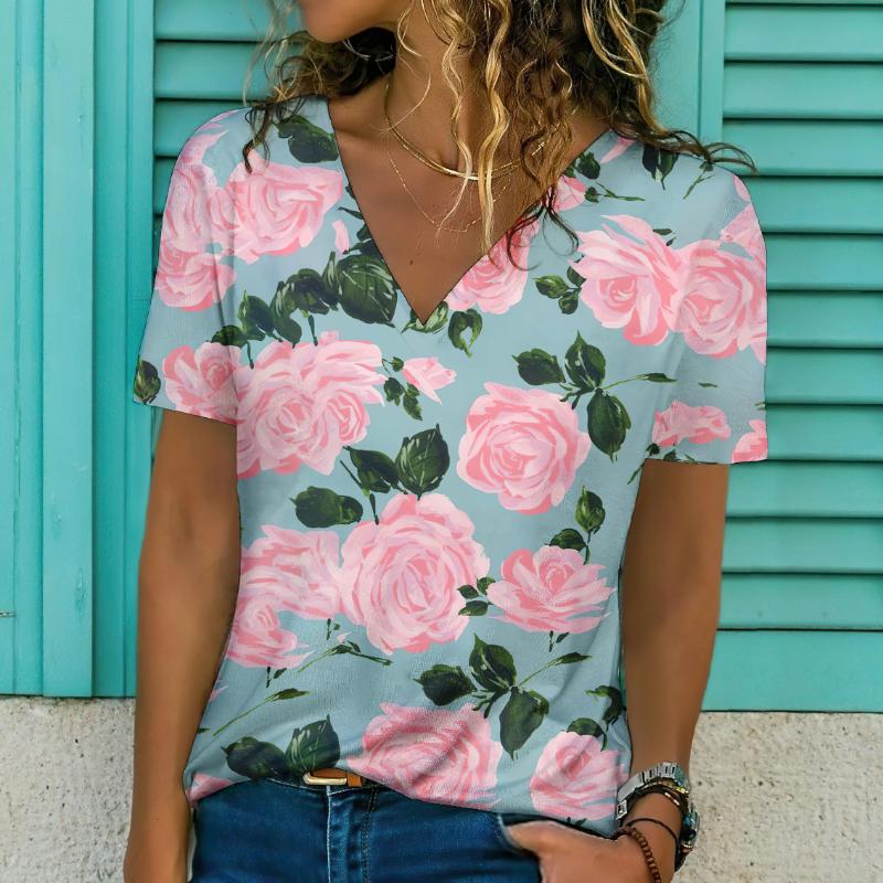 Новинка 2024 года, женская футболка с цветочным принтом, топ больших размеров, женская трендовая одежда, модная рубашка с коротким рукавом, большая блузка с v-образным вырезом