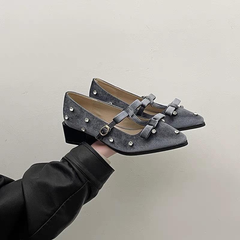 French Bow Mary Jane Shoes Women's 2025 New Beautiful Skirt Pointed Thick Heel Rhinestone Shoes