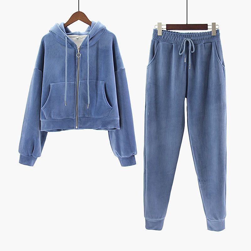 Korean Women Velvet Tracksuit 2 Piece Set Autumn Winter Thick Warm Casual Women's Suit Crop Hooded Zipper Sweatshirt