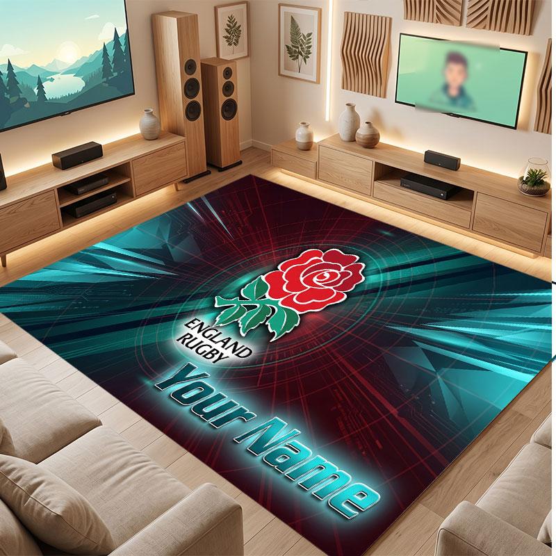 England Rugby Personalized Crystal Velvet Carpet, Customized Name Text Soft Anti‑Slip Rug for Living Room Bedroom