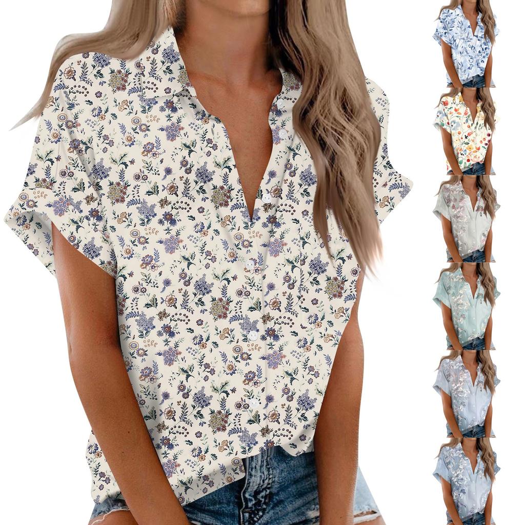 Women's Short Sleeved Shirt, Daily Fashion Printed Button Top, Chest Pocket Cardigan