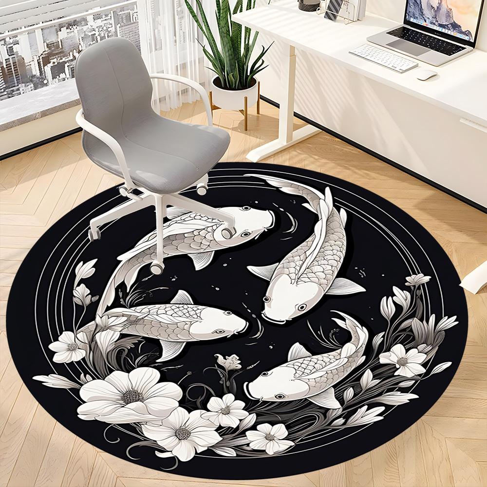 1pc Koi Fish Circle Chair Carpet for Office, Round Non Slip Durable Large Size Office Carpet, Suitable for Office
