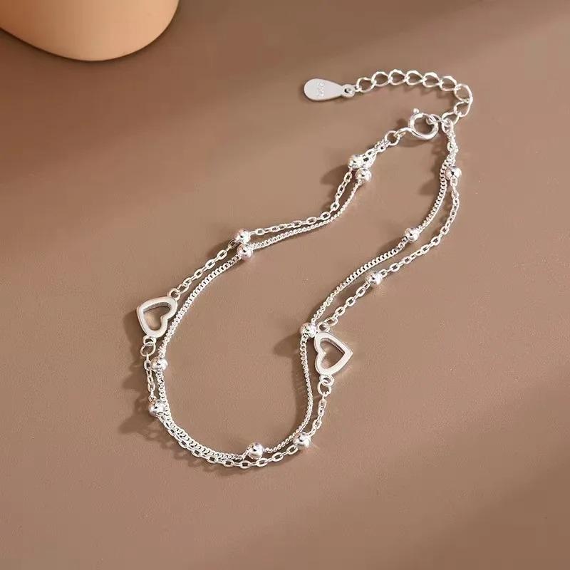 925 Silver Hollow Heart Bracelets For Women Girls Vintage Design Double Layer Beads Bracelet Party Jewelry Gifts