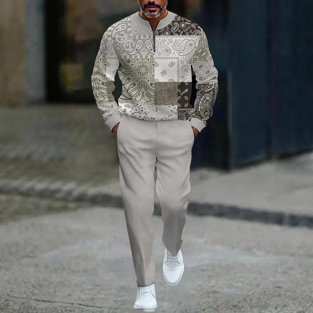 Весенне-осенние модные мужские комплекты с 3D-принтом, мужская повседневная спортивная одежда из двух предметов с воротником-стойкой на молнии