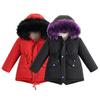Girls Keep Warm Winter Jacket Fur Collar Heart Pattern Padded Detachable Hat Hooded Heavy Coat For Children