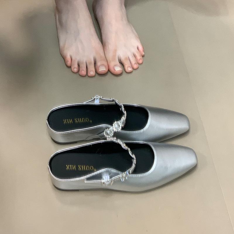 XINZHOU French Temperament One Word with Rhinestone Inner Height Increase Bag Head Drag Fashion One Pedal Shallow Mouth Single Shoes Women