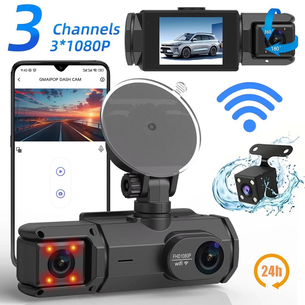3-канальный видеорегистратор WIFI CAR DVR 1080P 3-объективный видеорегистратор для автомобиляТрехсторонняя камераЧерный ящикРегистратор Видеокамера