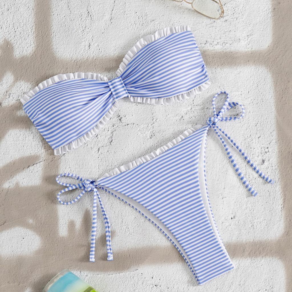 New swimsuit women's blue and white striped tube top bikini fungus edge strap sexy split vacation swimsuit