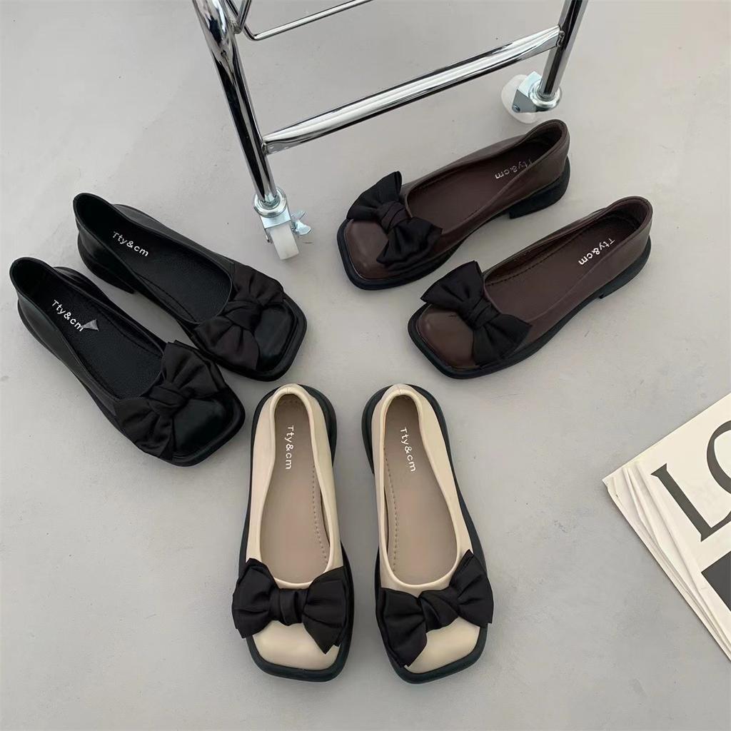 Womens Shoes Low Heel French Bow Retro Square Head Shallow Mouth Mary Jane Shoes New 2024 Retro Shoes Women Ladies Shoes