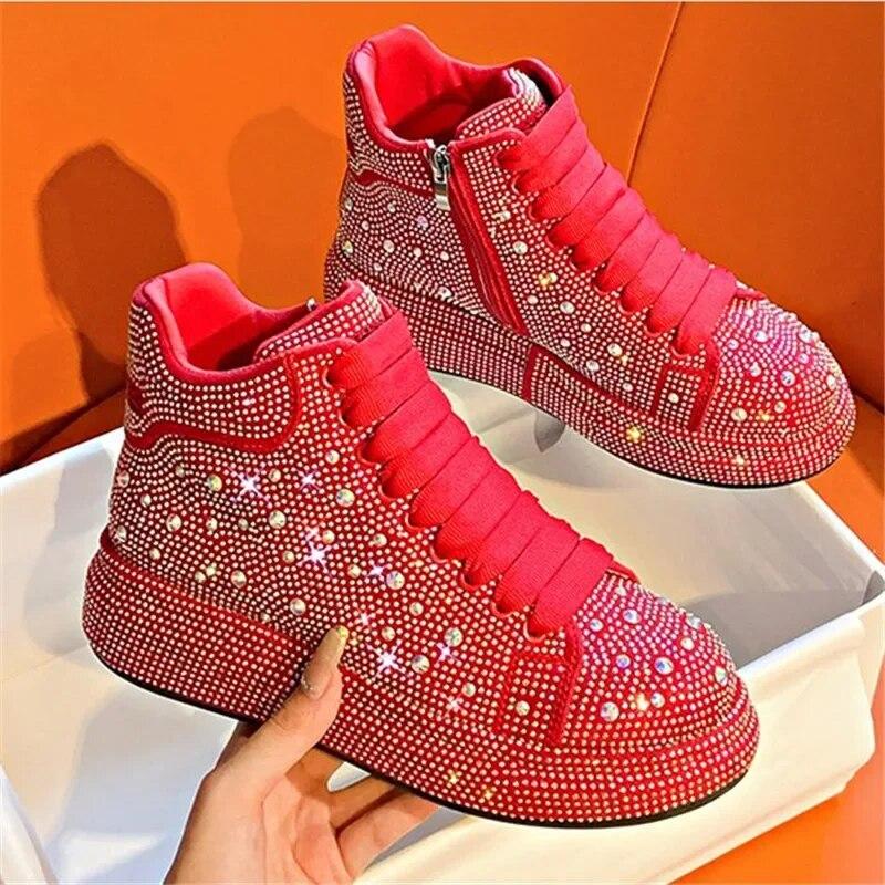 Новые осенние женские туфли на платформе со стразами, белые серебряные туфли на толстой подошве, кроссовки с блестящими кристаллами, трендовые повседневные ботильоны 43