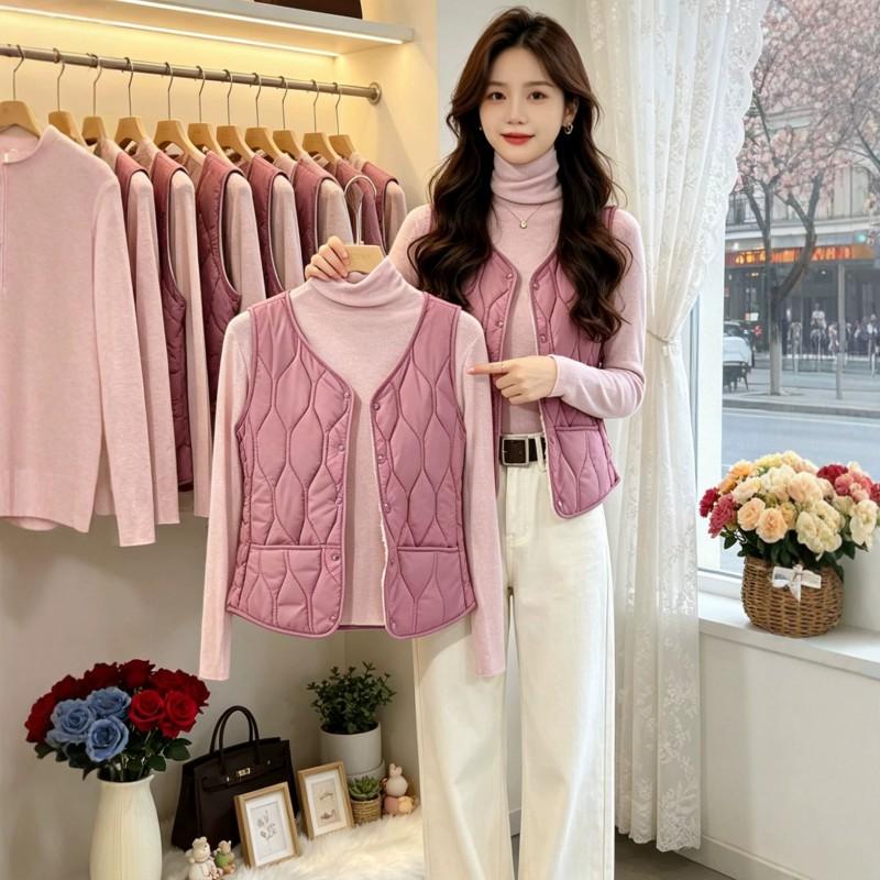Womens Short Puffer Vest 2026 Fall Winter V-Neck Quilted Sleeveless Warm Outerwear Plus Size
