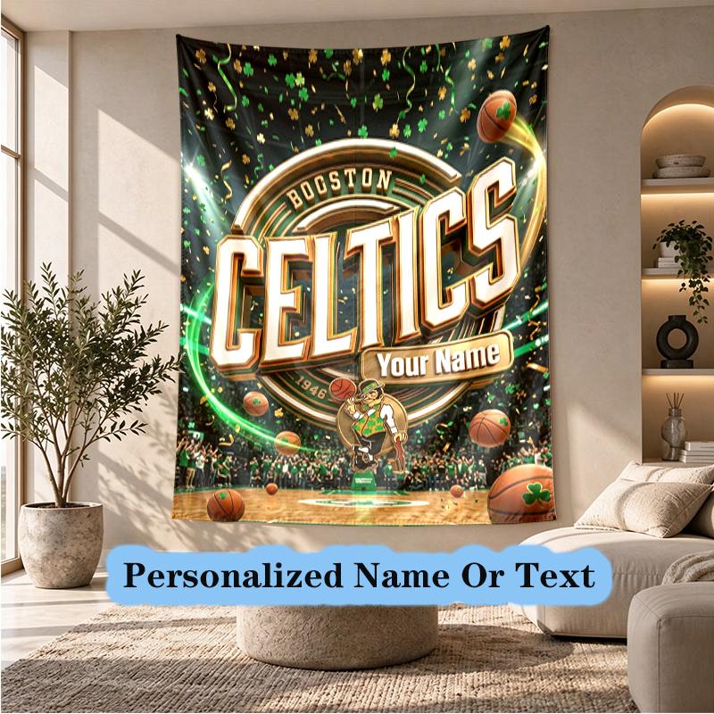 Wall Hanging Tapestry With Custom Name & Text, Celtics Fan Art Decorative Tapestry For Bedroom