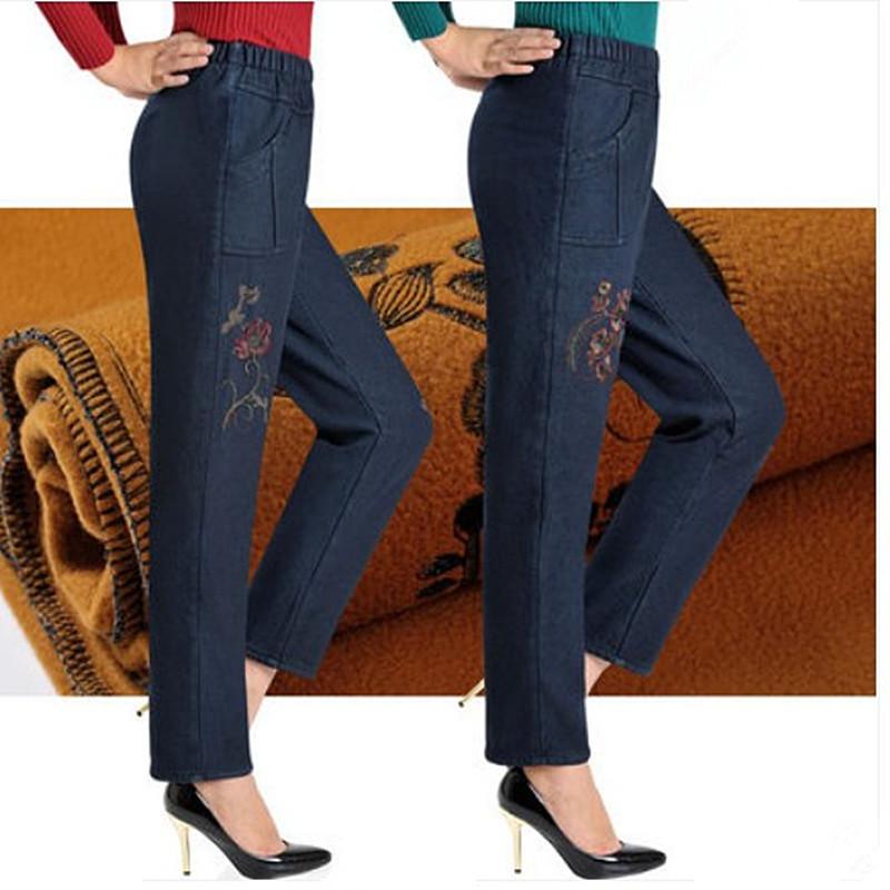 Женская зимняя и осенняя одежда среднего возраста плюс флисовые джинсы Женская свободная одежда с высокой талией для мам Бабушкиная одежда Женские брюки больших размеров