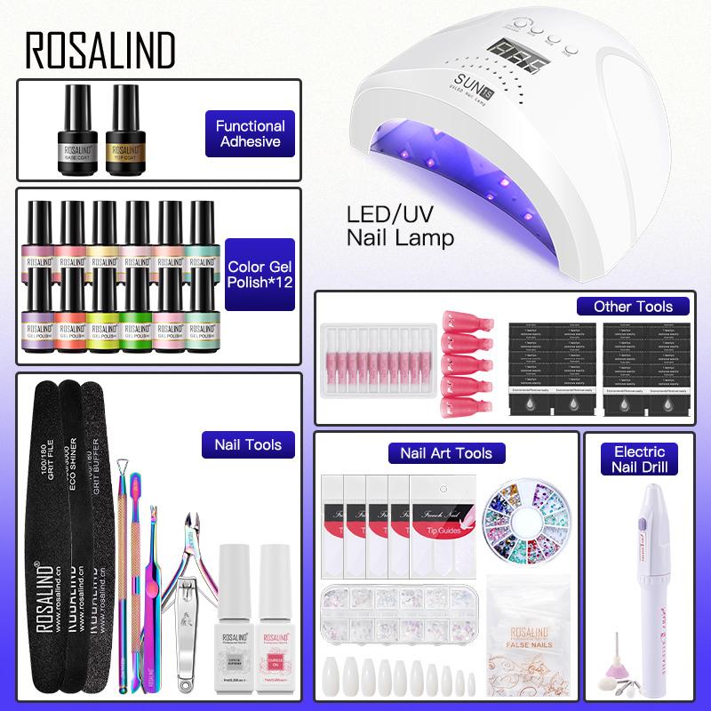 ROSALIND Профессиональный маникюрный набор с лампой для ногтей, набор гель-лаков для ногтей, полный набор инструментов для дизайна ногтей, светодиодная/УФ-лампа