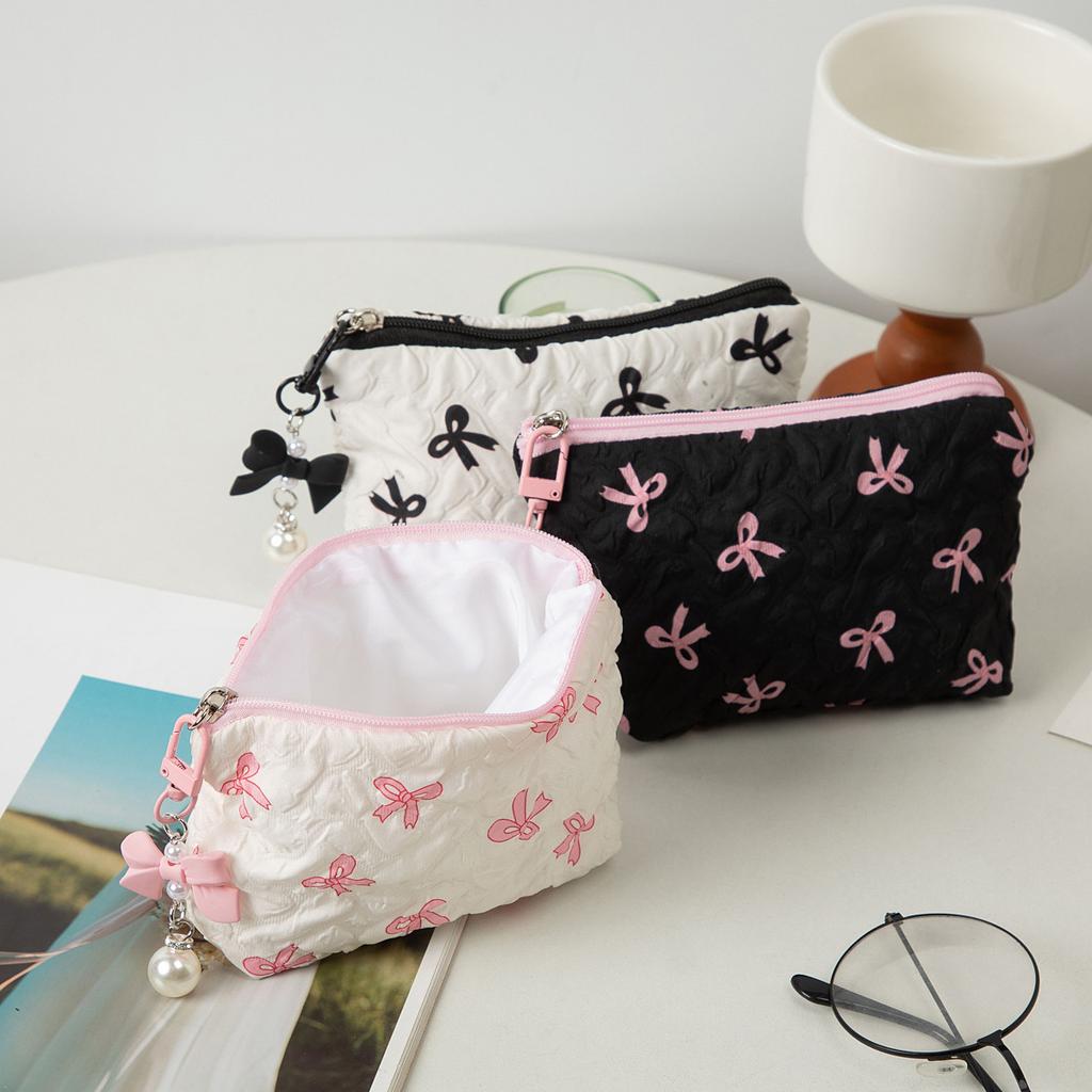 Elegant Bow Decor Cosmetic Bag Portable Makeup Storage Pouch Large Capacity Purse For Lipstick Skincare Accessories Daily Travel