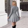 Womens Winter Gray Textured Knit Long Sleeve Bodycon Mini Dress High Neck A-Line Slim Fit Casual