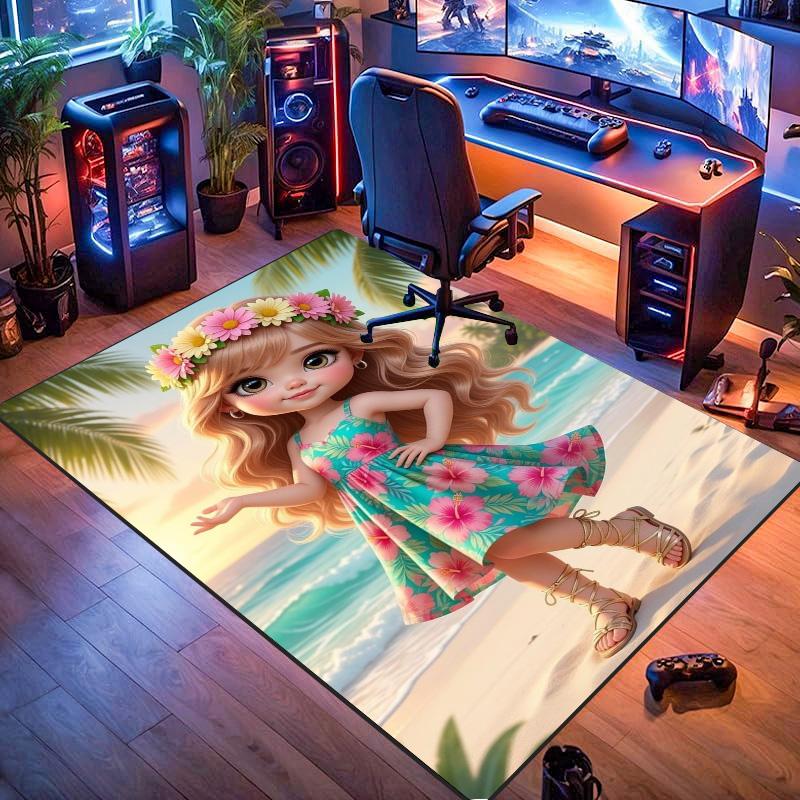 Tropical Beach Cartoon Girl Print Non‑Slip Rug, Summer Coastal Decor Carpet for Living Room Bedroom Home Decoration