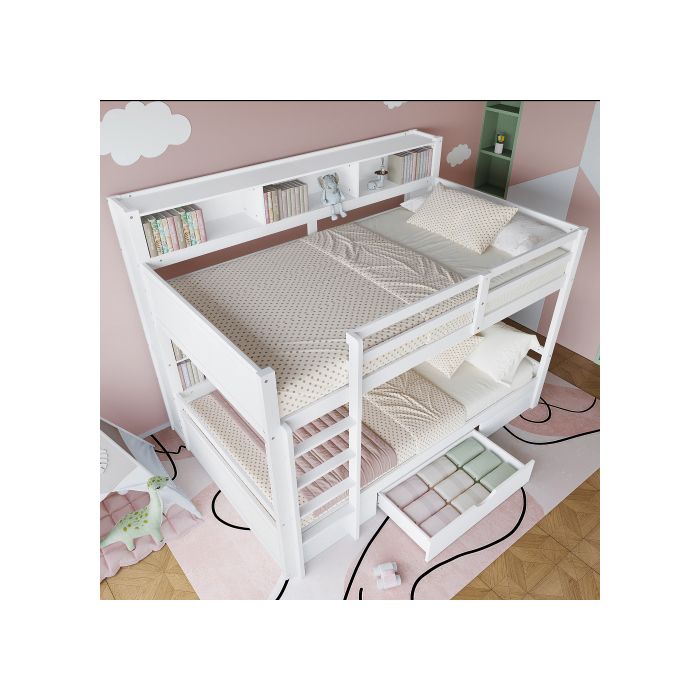 Двухъярусная кровать - MUVOE - 90x200см - Белый - С ящиками - Безопасная для детей