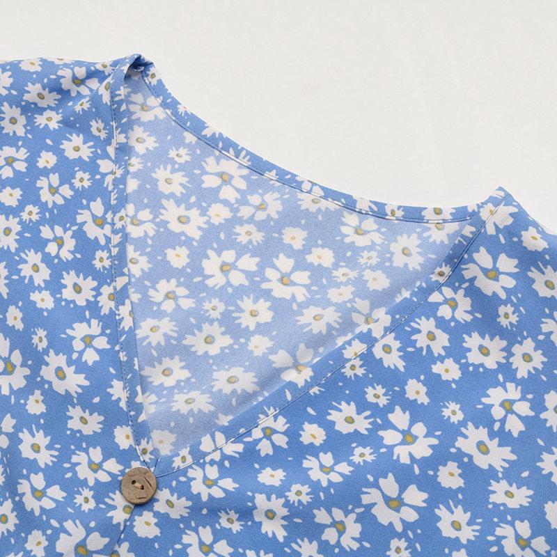 Женское платье с цветочным принтом и V-образным вырезом с летающими рукавами и высокой талией