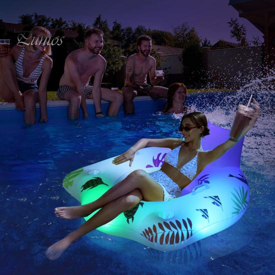 Надувной надувной матрас для бассейна с подголовником. U-образное кресло для плавания с подсветкой, меняющей цвет. Двойной подлокотник и подстаканник. Водный диван с принтом.