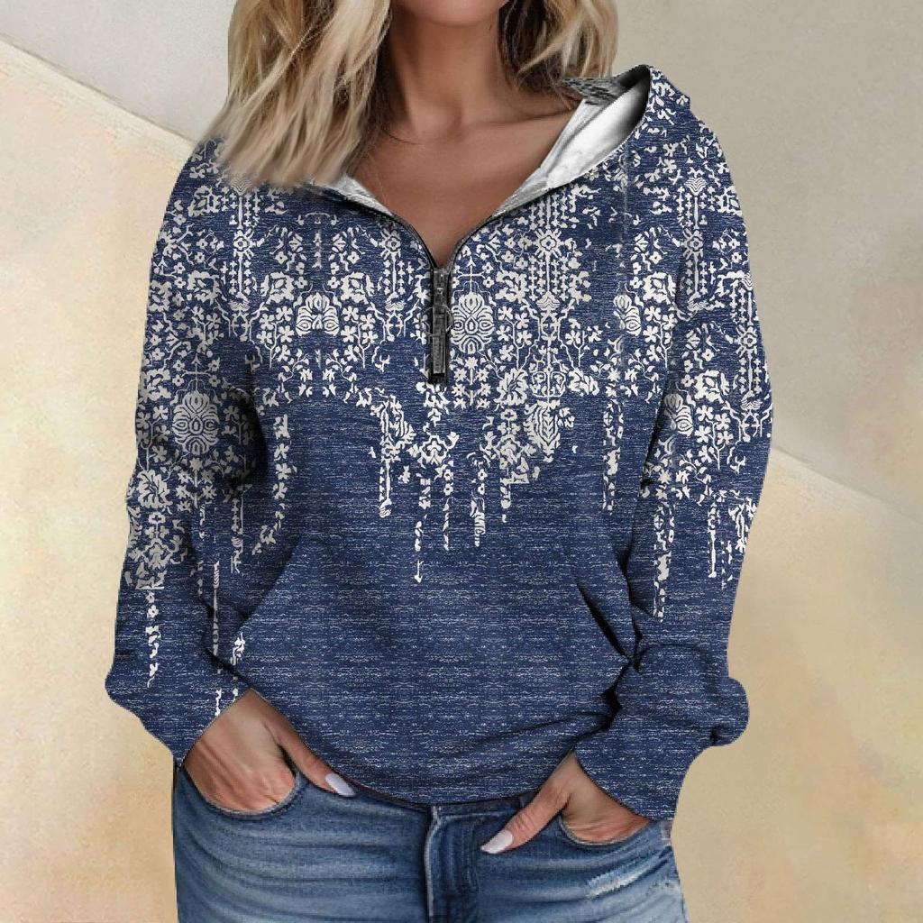 Women's Fashion Printing Long Sleeve Loose Half Zippered Hoodie With Pockets