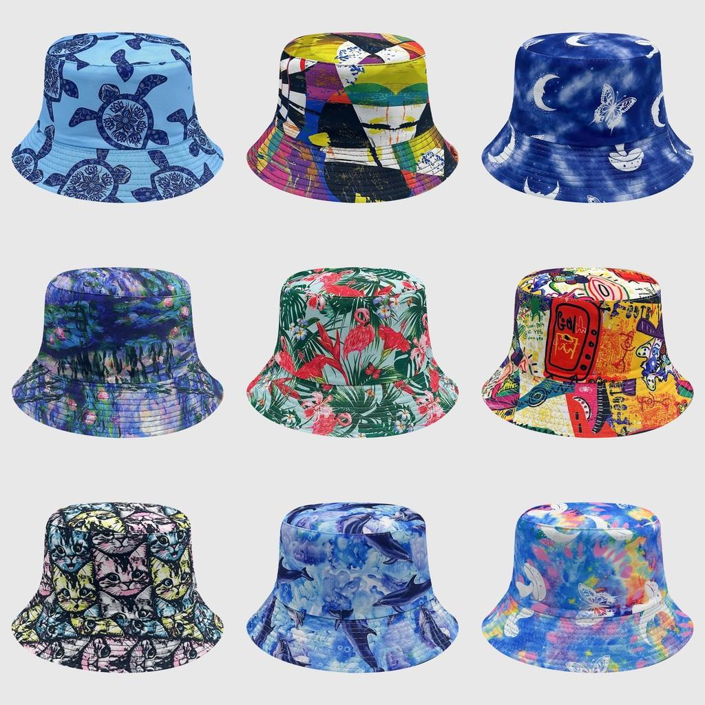 Tie Dye Fisherman Hat Uv Protection Assorted Colors Print Butterfly Cat Cap Leaf