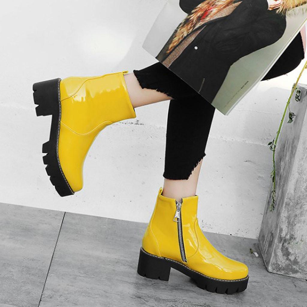 (SU)Женские сапоги на толстом каблуке, одноместные сапоги из твердой кожи, повседневная зимняя обувь