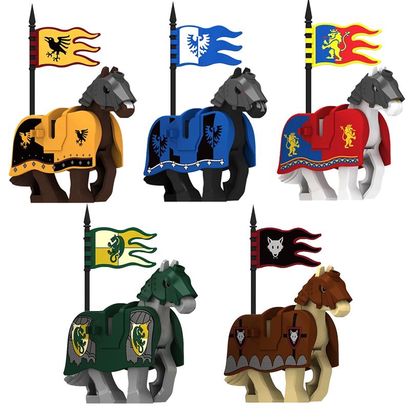 Medieval Castle Green Dragon Knight Building Blocks Figure Accessory Shield Vest Warhorse Cape Orc Flag Mount Wolf Toy Gift D123