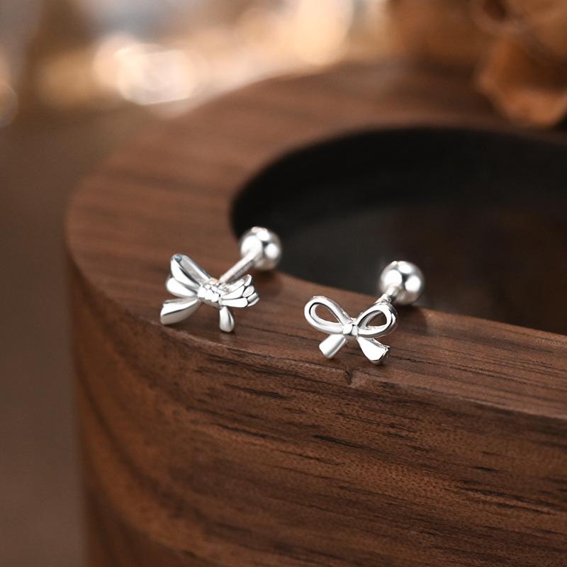 S999 Sterling Silver High-quality Bow Screws Earrings for Women Korean Fashion Small Simple Ear Accessories