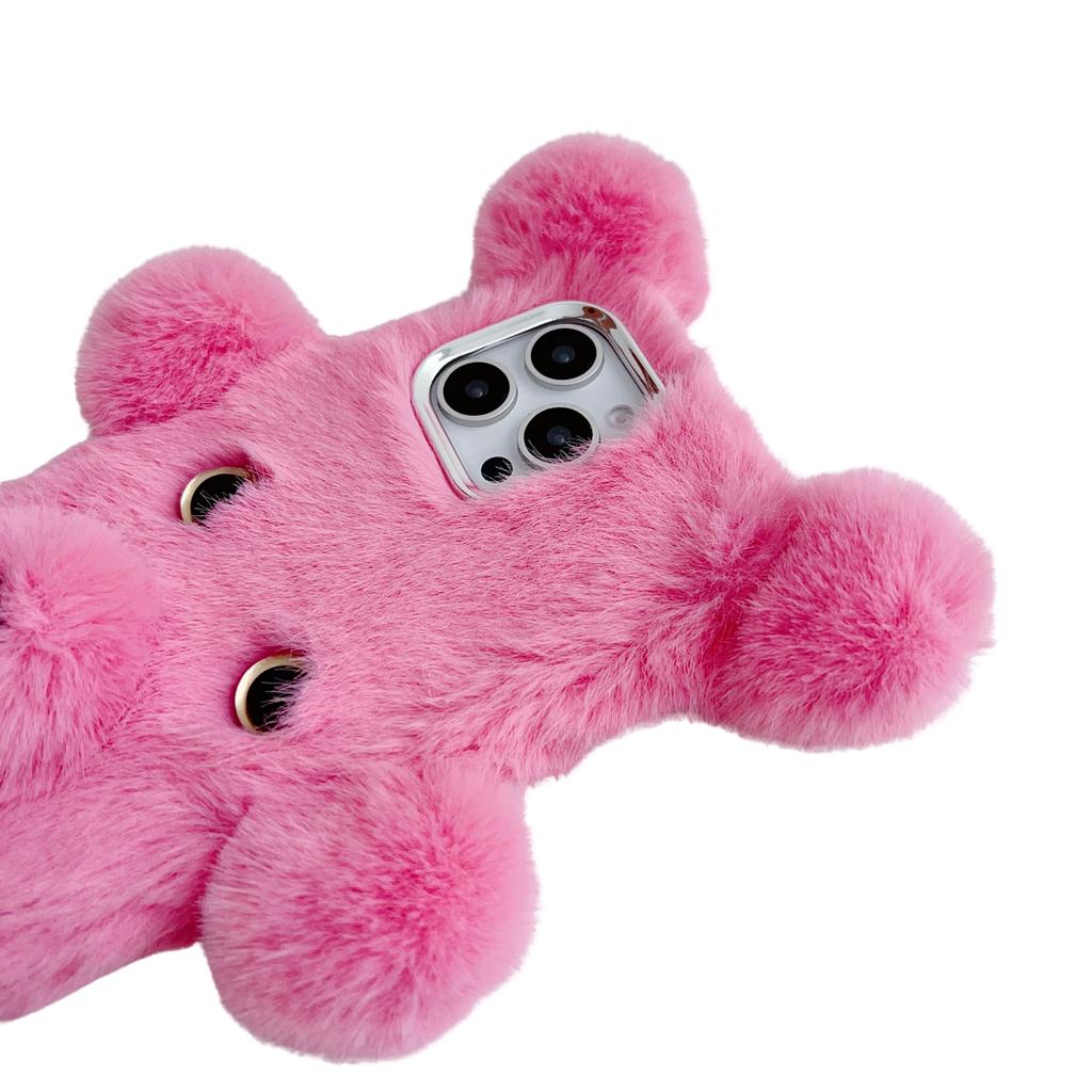 For iPhone 16 Pro Max Case 3D Bear Faux Fur Fluffy Inner TPU Phone Cover