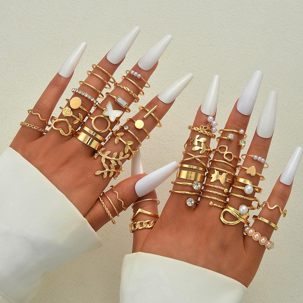 Fashion Minimalist Vintage Elegant Heart Butterfly Faux Pearl Rhinestone Geometric Wave Infinity Metal Rings Set Party Jewelry