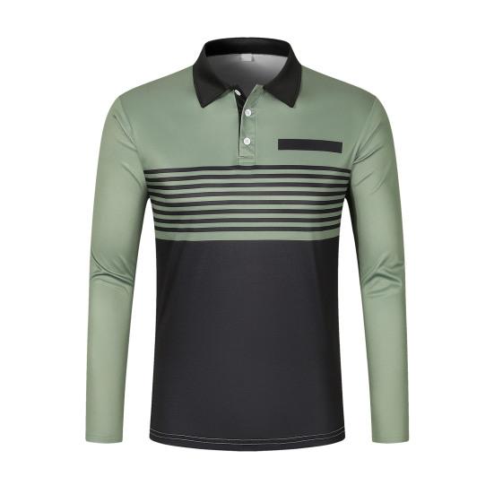 Men Spring Fall Shirt Buttoned Turn-down Collar Contrast Color Striped Prinitng Long Sleeves Pullover Mid Length Casual Business Top