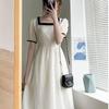 Summer 2024 French Square Collar Fairy Dress: Elegant Lace-Up, Slimming Color Block Design for Women