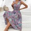 Женское богемное платье с V-образным вырезом без рукавов с открытыми плечами Узкая талия Плюс Размер Красочный принт Узкая эластичная талия Длина до середины икры Летнее пляжное платье миди
