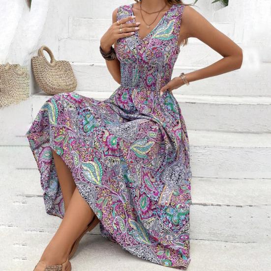 Женское богемное платье с V-образным вырезом без рукавов с открытыми плечами Узкая талия Плюс Размер Красочный принт Узкая эластичная талия Длина до середины икры Летнее пляжное платье миди