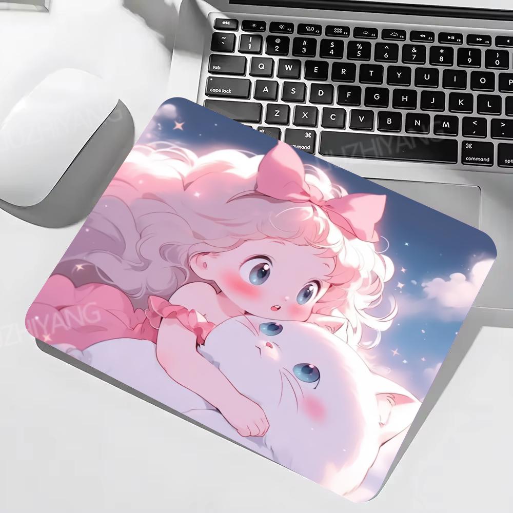 Kawaii Girl Cat Mouse Pad 40X45cm Large Square Computer Office Game Table Mats Rubber Anti-slip Mousepads Small Decor Desk Pads