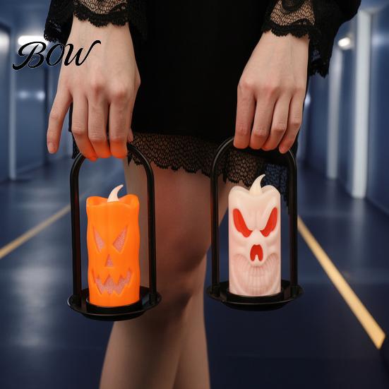 Halloween Candle Lantern LED Flameless Pillar Candles, Spooky Face Handheld Light, Battery Decor Operated Flickering Fake Candles for Party Home Table
