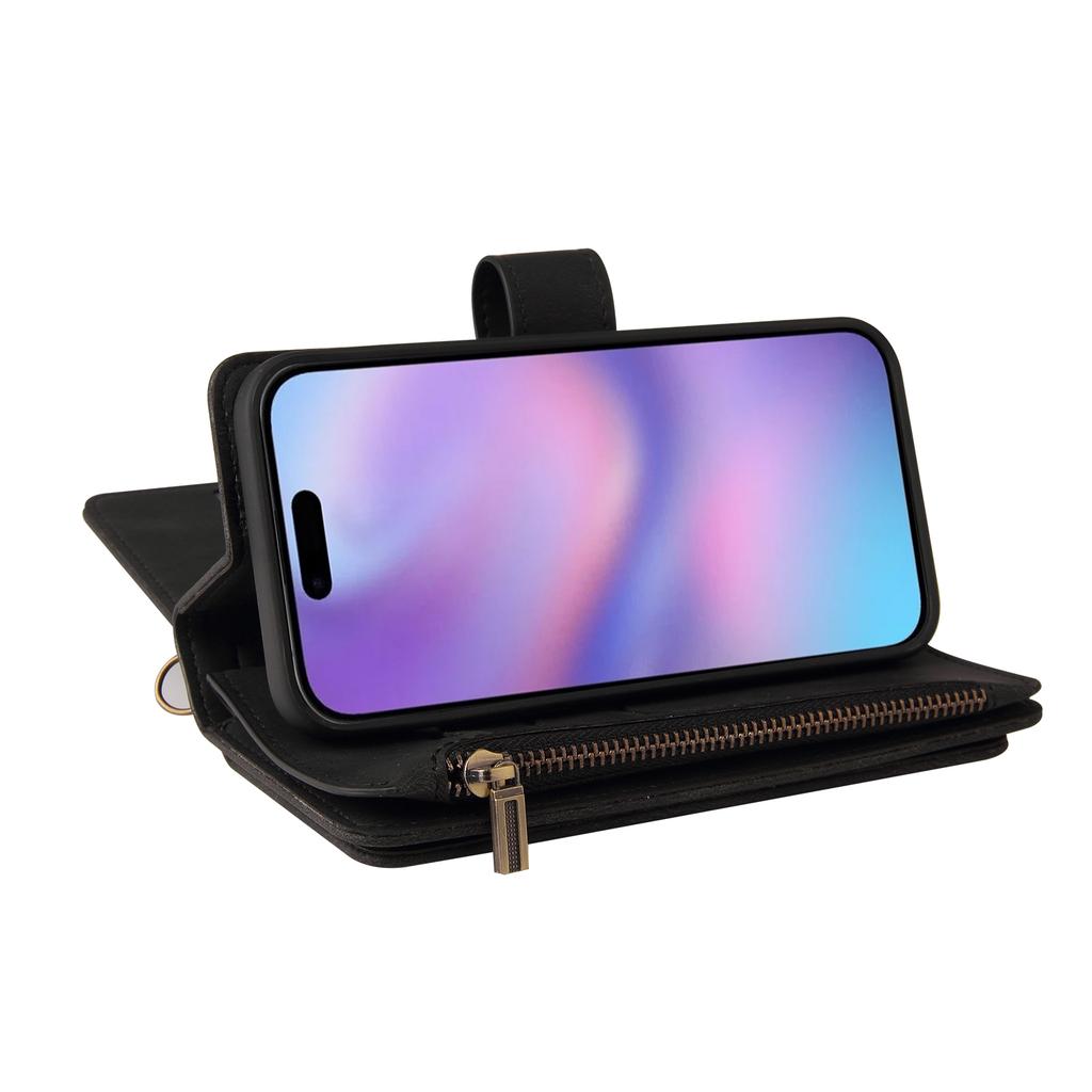 For iPhone 17 Zipper Wallet Case with 15 Card Slots and Strap Leather Phone Cover