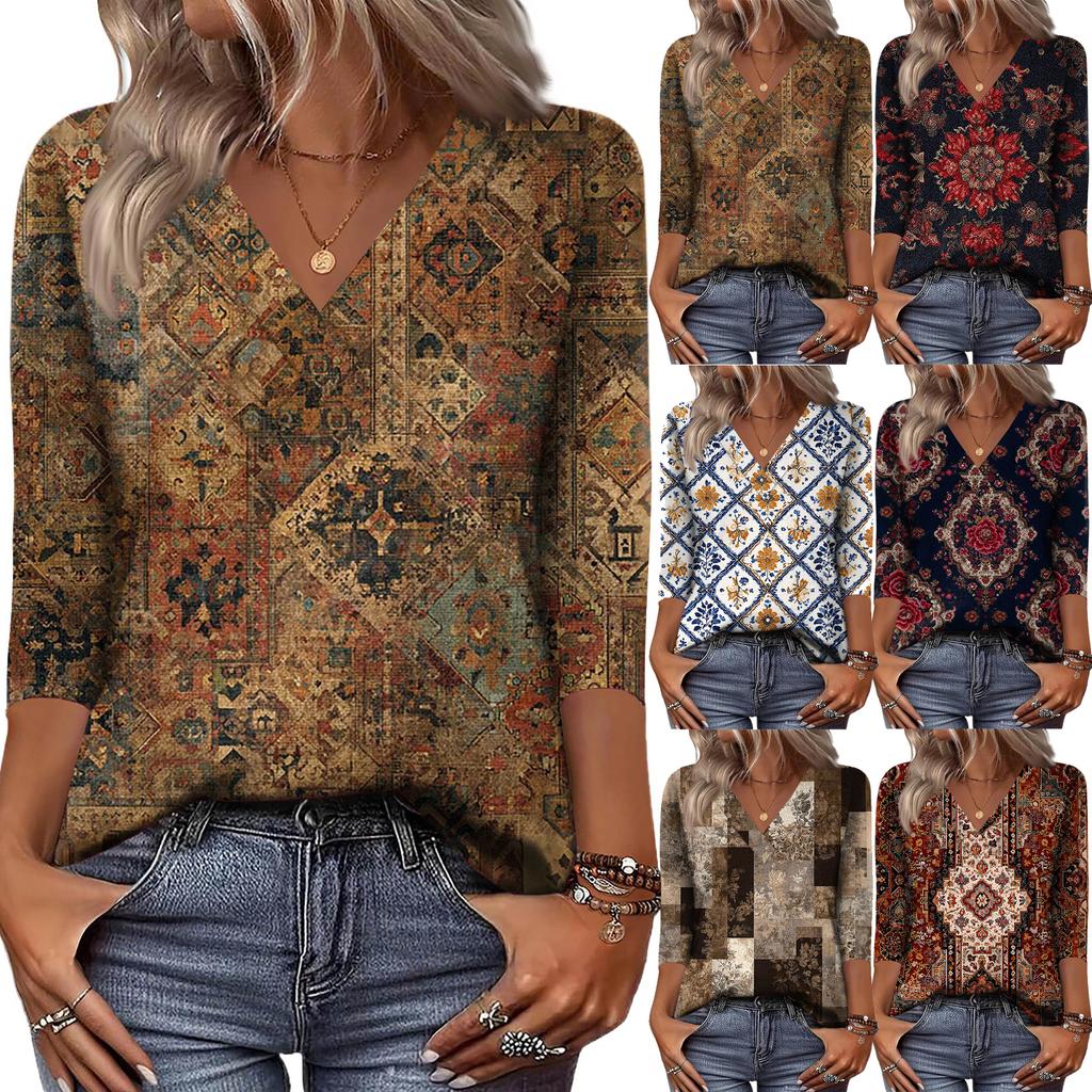 Женские рубашки с рукавом 3/4, топы с принтом и V-образным вырезом, повседневные топы, базовые футболки, блузки, свободные топы