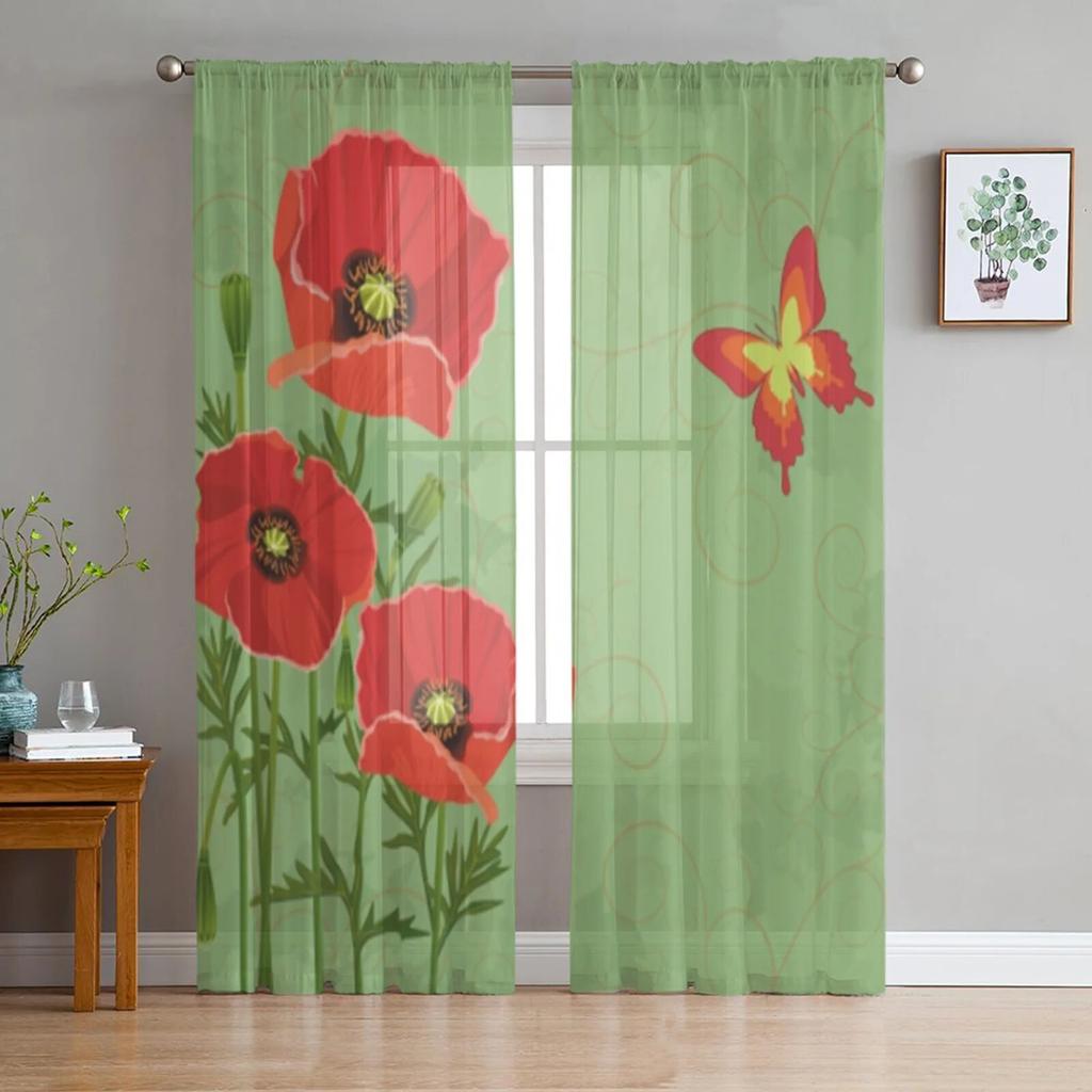 Poppies White Background Tulle Curtain For Living Room Sheer Valance Curtain For Kitchen Bedroom Window Drapes