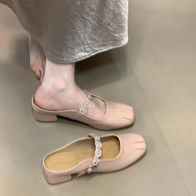 Темпераментная серебристая сумка на голову полушлепанцы женская уличная обувь весна и лето новые французские сандалии ремешок со стразами одинарная обувь