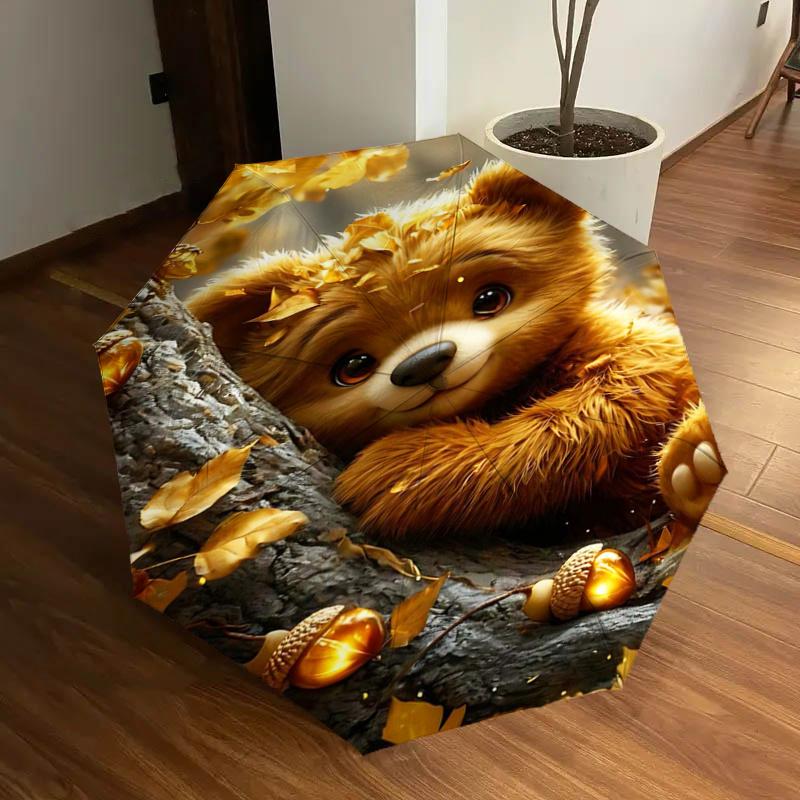 Autumn Leaf Teddy Bear with Acorns Umbrella with Foldable Design- Perfect for Outdoor, Folding Design, Iron Frame, Festival Gift, Suitable f