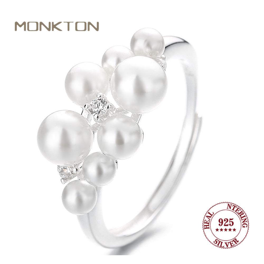 Свадебное кольцо Monkton из серебра S925 с жемчугом для женщин, шарм, родиевое покрытие, регулируемые кольца с жемчугом для женщин, украшения